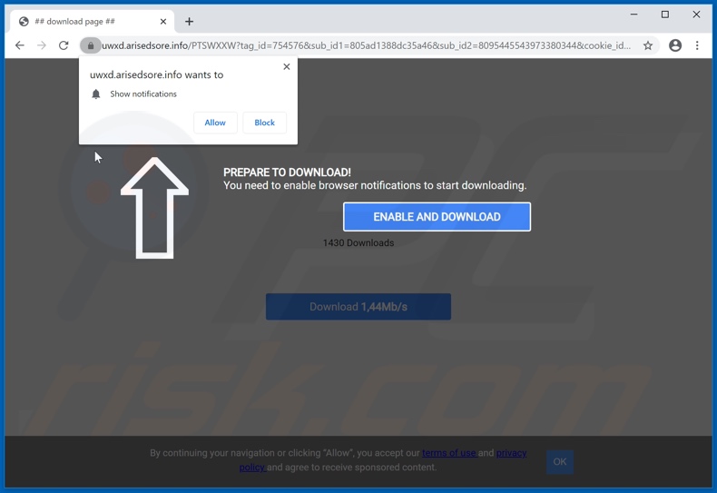 arisedsore[.]info pop-up redirects