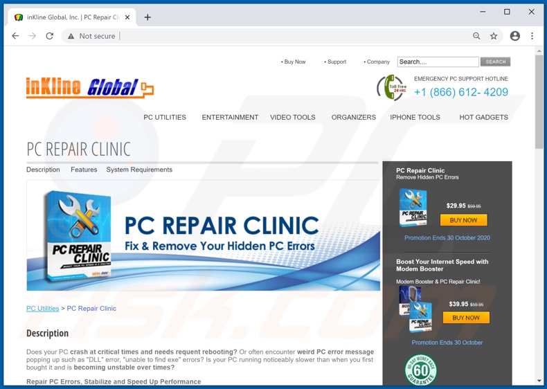 Website used to promote PCRepairClinic PUA