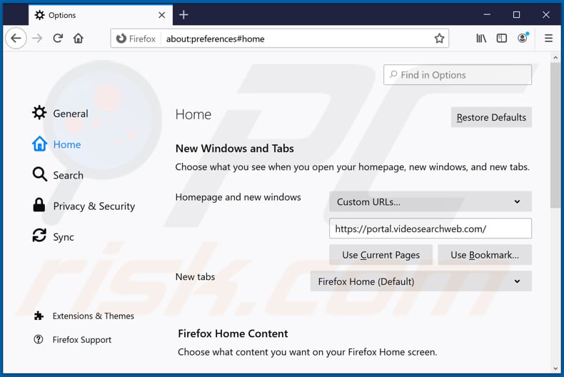 Removing videosearchweb.com from Mozilla Firefox homepage