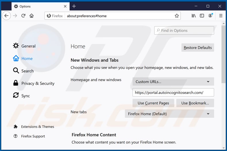 Removing autoincognitosearch.com from Mozilla Firefox homepage