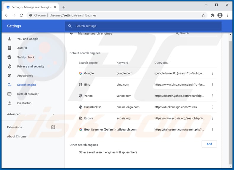 Removing tailsearch.com from Google Chrome default search engine