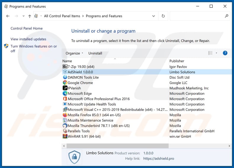 adshield malware on the list of installed programs