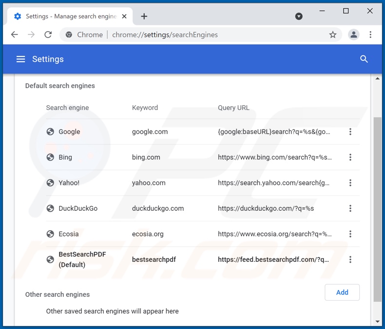 Removing bestsearchpdf.com from Google Chrome default search engine
