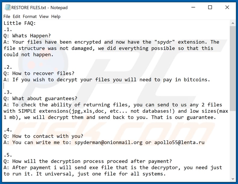 Spydr decrypt instructions (RESTORE FILES.txt)