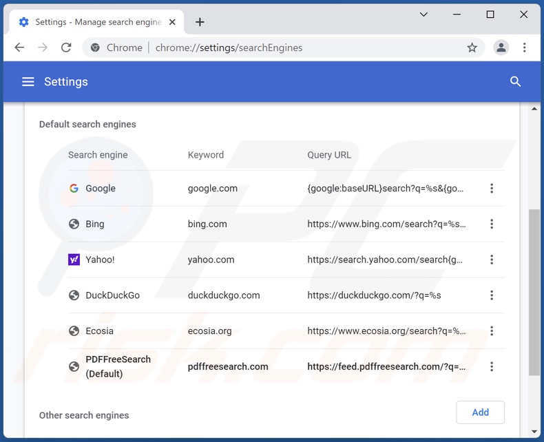 Removing pdffreesearch.com from Google Chrome default search engine