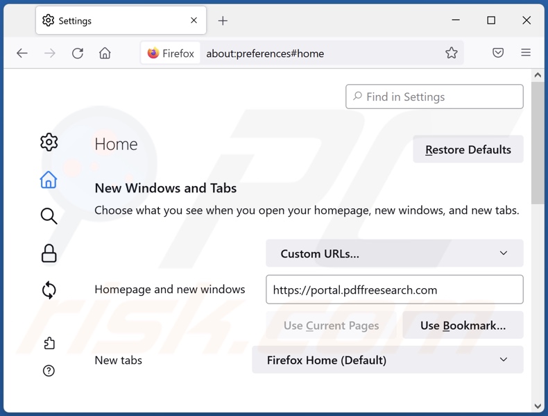 Removing pdffreesearch.com from Mozilla Firefox homepage