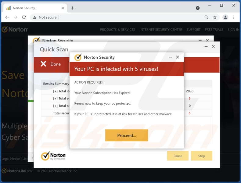 Norton Security - Your Pc Is Infected 5 POP-UP Scam - Removal and steps