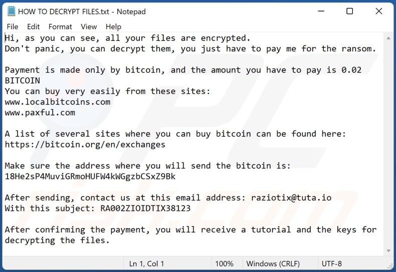 RaZiO ransomware text file (HOW TO DECRYPT FILES.txt)