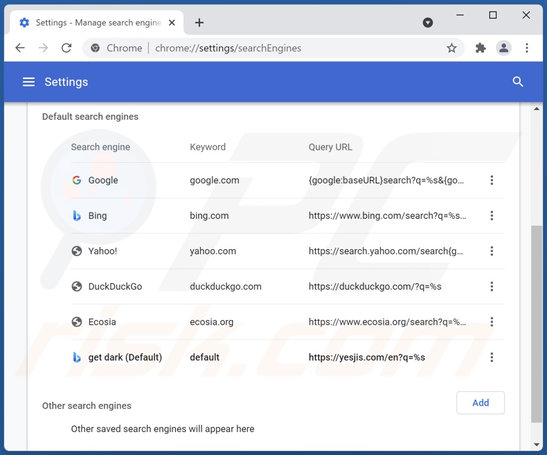 Removing yesjis.com from Google Chrome default search engine