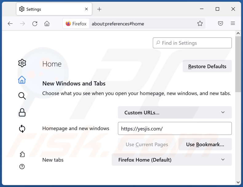 Removing yesjis.com from Mozilla Firefox homepage