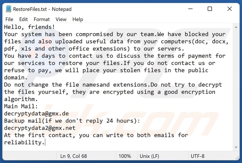 Kings ransomware text file (RestoreFiles.txt)