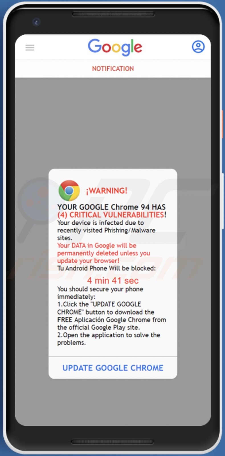 YOUR GOOGLE HAS (4) CRITICAL VULNERABILITIES! POP-UP Scam (Android) -  Removal and recovery steps (updated)