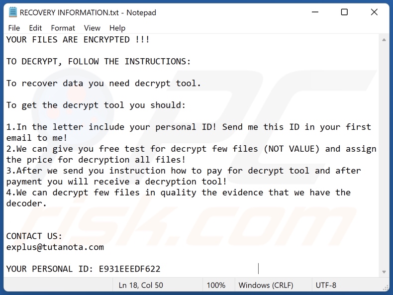 Explus ransomware ransom-demanding message (RECOVERY INFORMATION.txt)