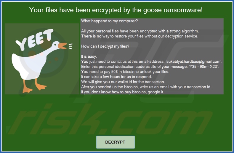 Goose ransomware ransom-demanding message (pop-up)