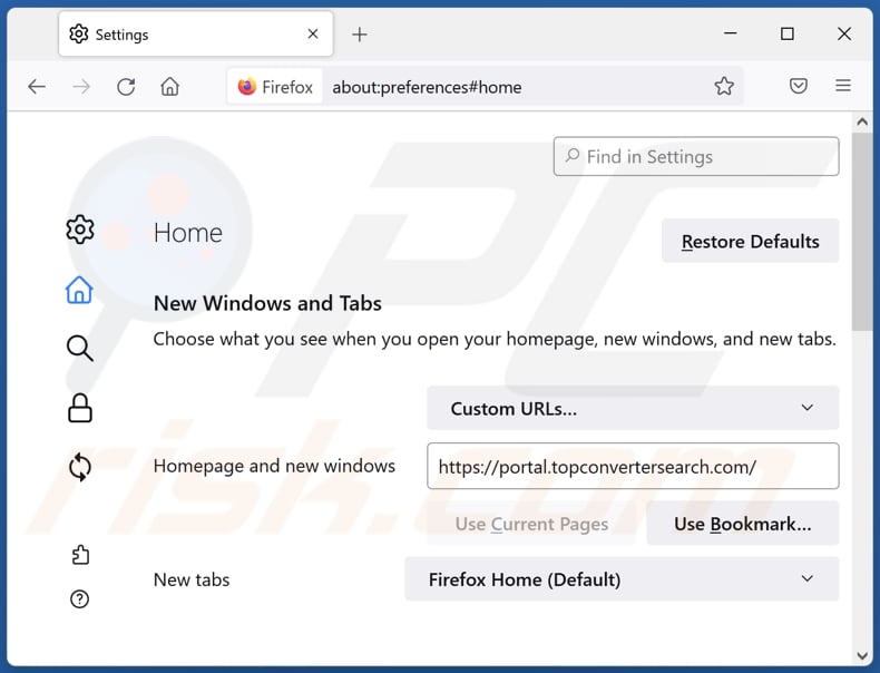 Removing topconvertersearch.com from Mozilla Firefox homepage