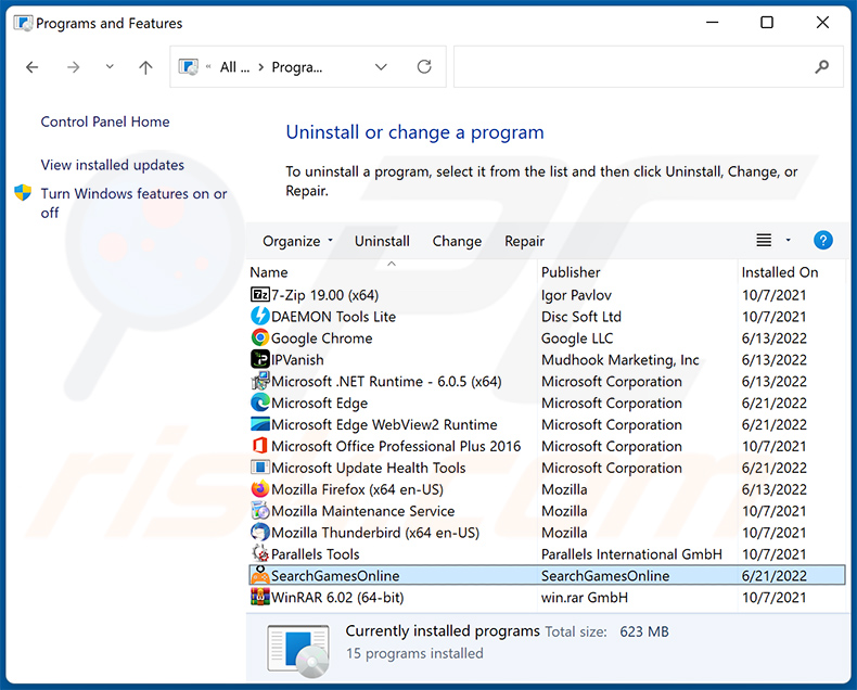 searchgamesonline.com browser hijacker uninstall via Control Panel