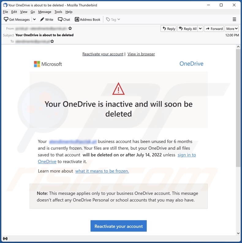 Your OneDrive Is Inactive And Will Soon Be Deleted Email Scam Removal 