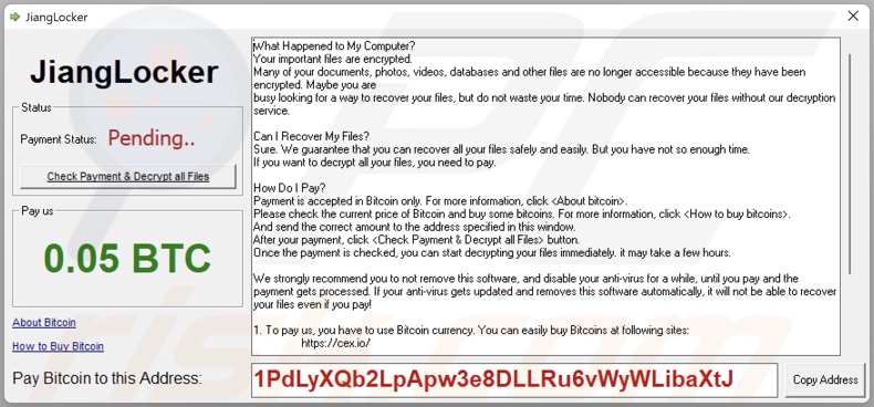 JiangLocker ransomware ransom note (pop-up)