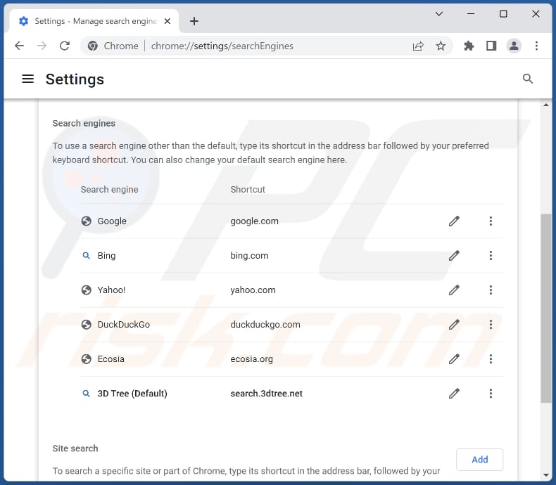 Removing search.3dtree.net from Google Chrome default search engine