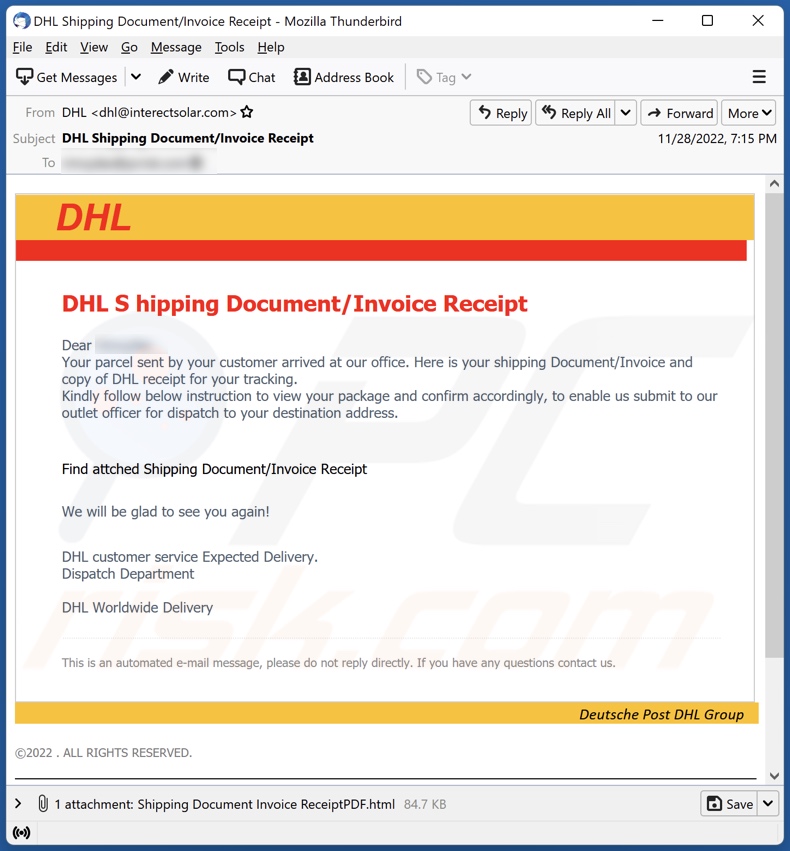 DHL Shipping Document Invoice Receipt Email Scam Removal And Recovery 