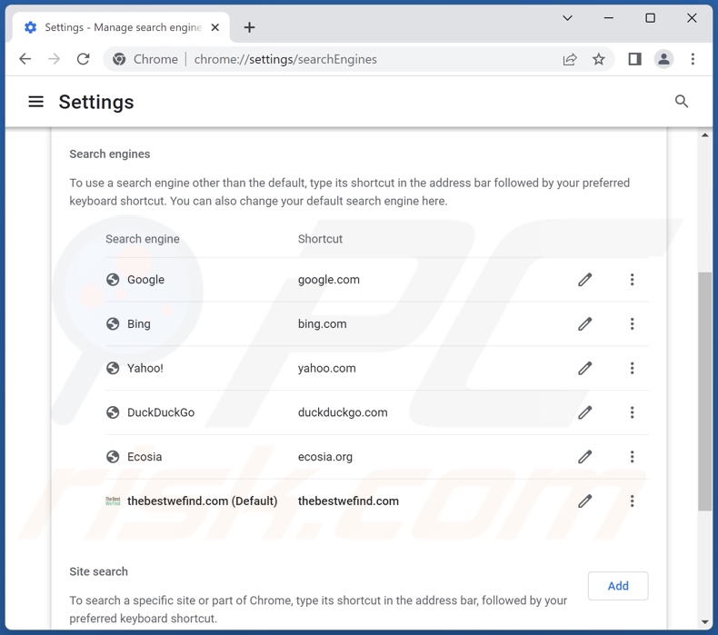 Removing thebestwefind.com from Google Chrome default search engine