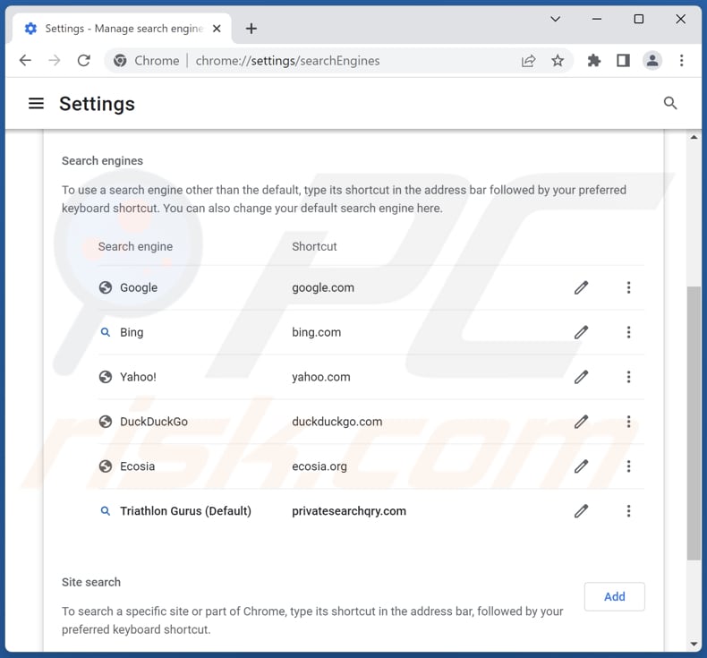 Removing privatesearchqry.com from Google Chrome default search engine