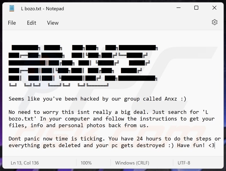Anxz ransomware ransom note (L bozo.txt)