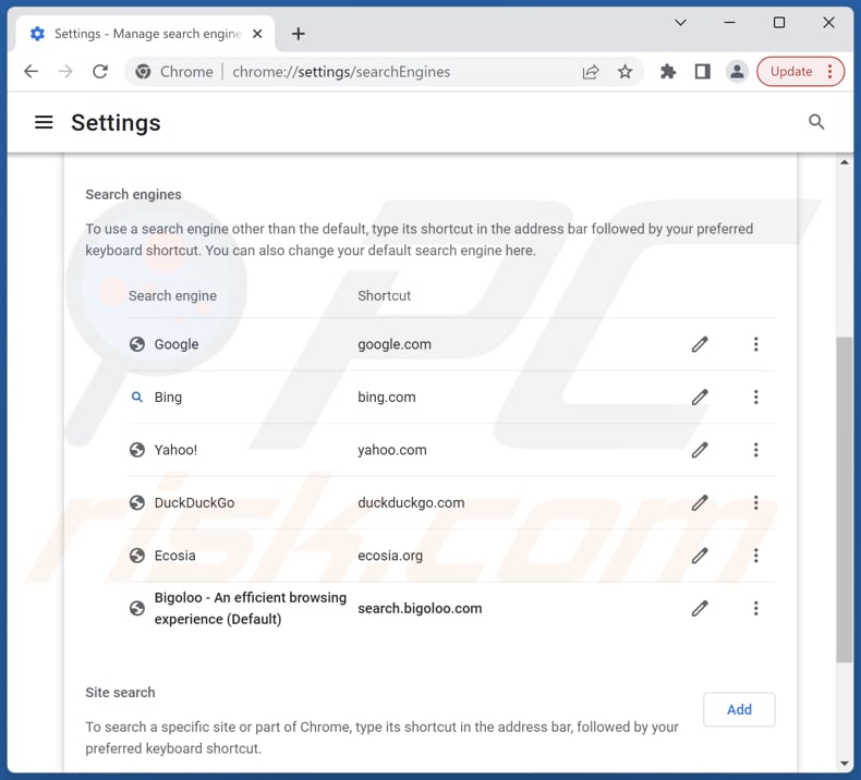 Removing search.bigoloo.com from Google Chrome default search engine