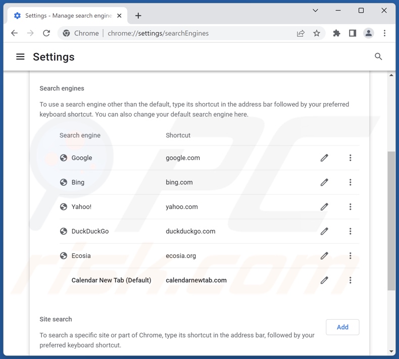 Removing calendarnewtab.com from Google Chrome default search engine