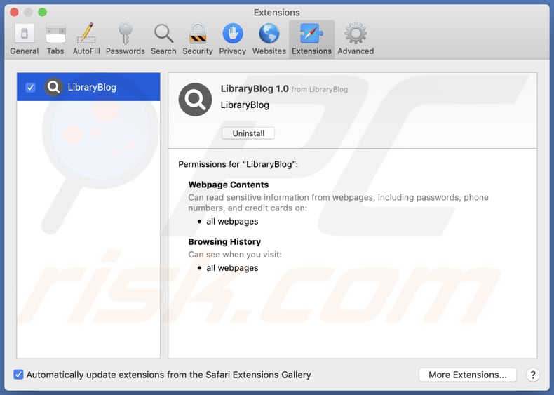 LibraryBlog adware installed on Safari
