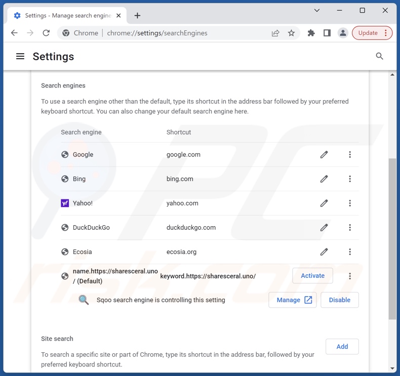 Removing sharesceral.uno from Google Chrome default search engine