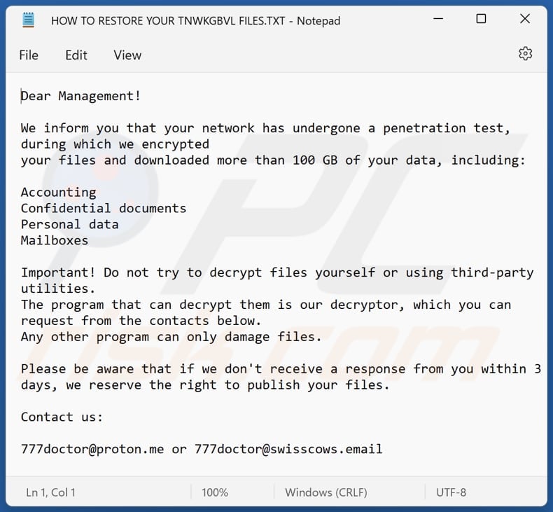 Tnwkgbvl ransomware text file (HOW TO RESTORE YOUR TNWKGBVL FILES.TXT)