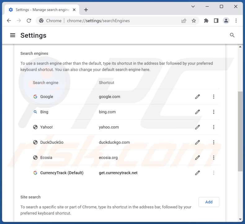 Removing get.currencytrack.net from Google Chrome default search engine