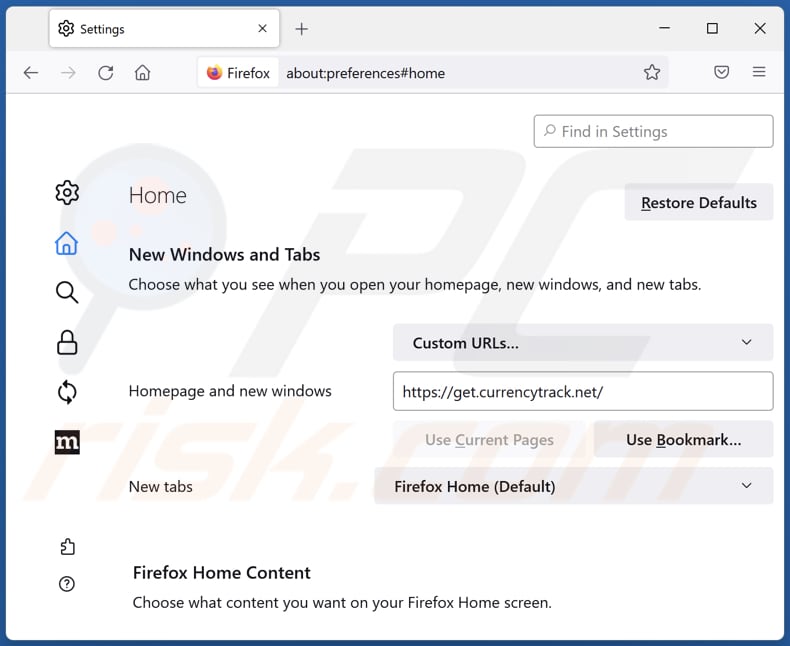 Removing get.currencytrack.net from Mozilla Firefox homepage