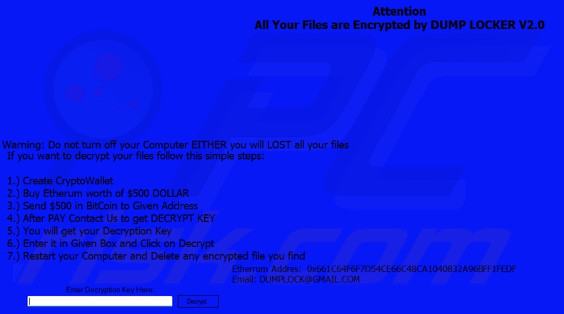 DUMP LOCKER ransomware ransom note (pop-up)