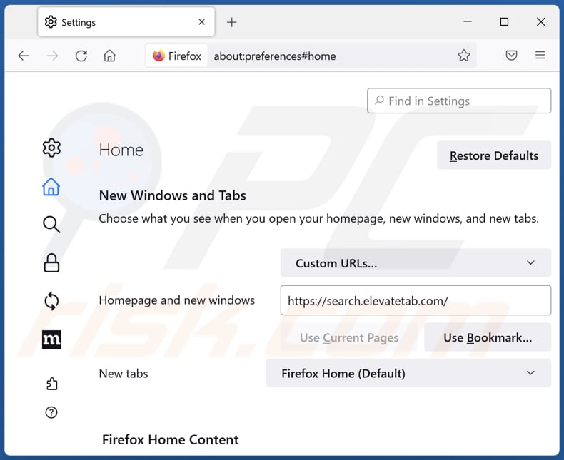 Removing search.elevatetab.com from Mozilla Firefox homepage