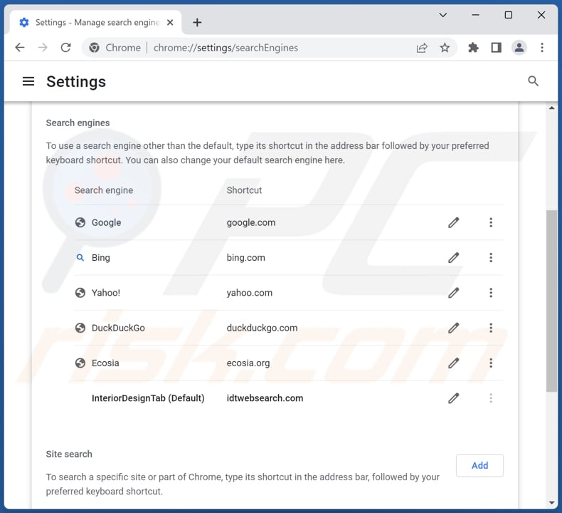 Removing idtwebsearch.com from Google Chrome default search engine