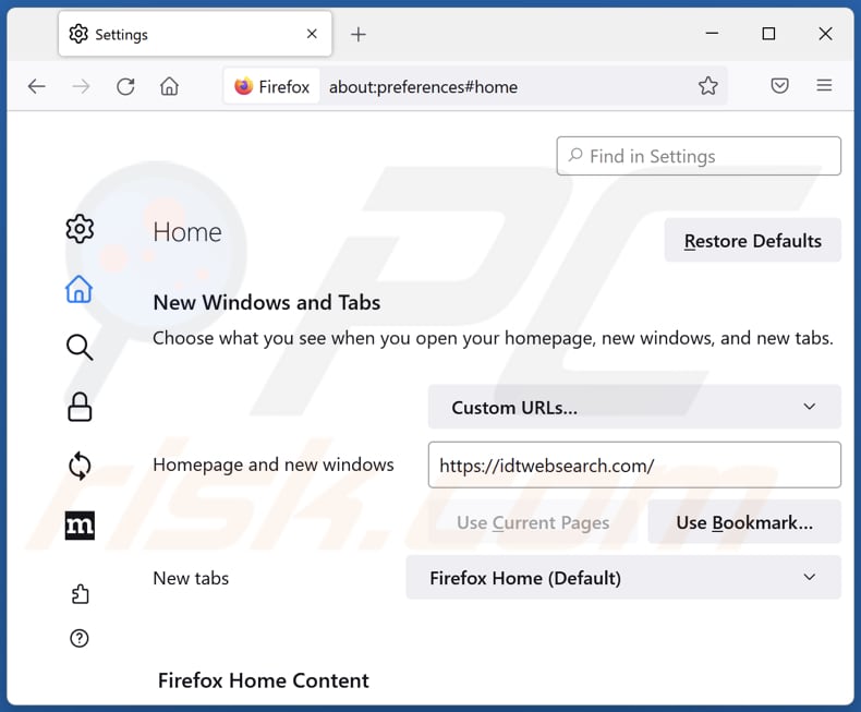 Removing idtwebsearch.com from Mozilla Firefox homepage