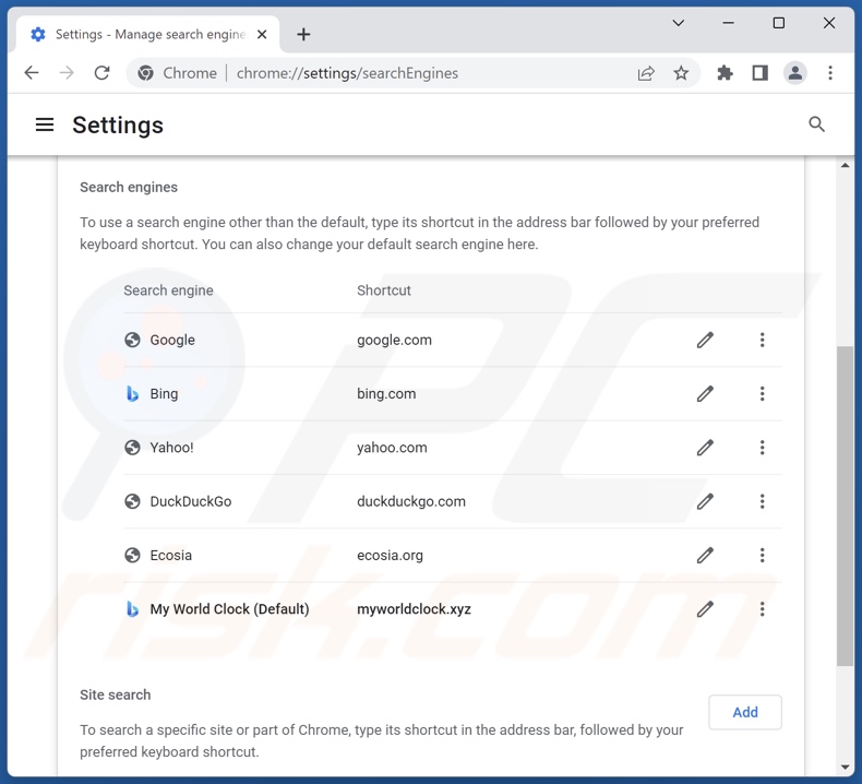 Removing myworldclock.xyz from Google Chrome default search engine