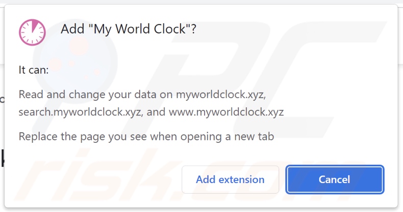 My World Clock browser hijacker asking for permissions