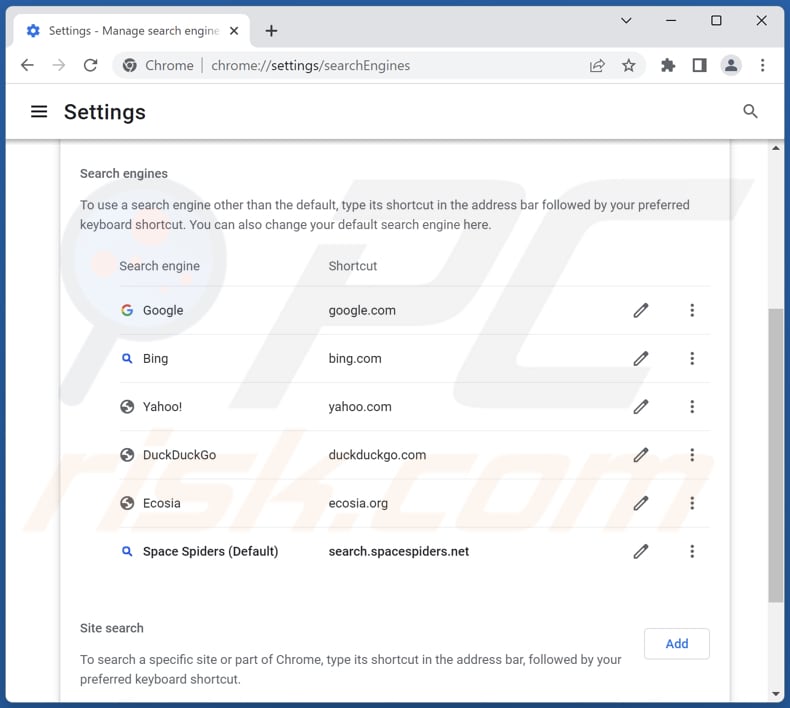 Removing search.spacespiders.net from Google Chrome default search engine