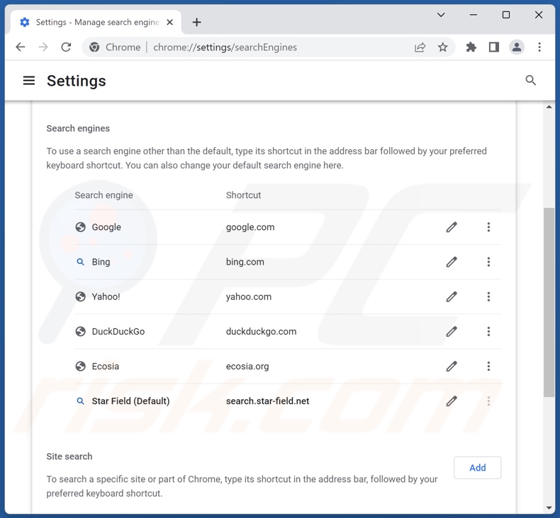 Removing search.star-field.net from Google Chrome default search engine