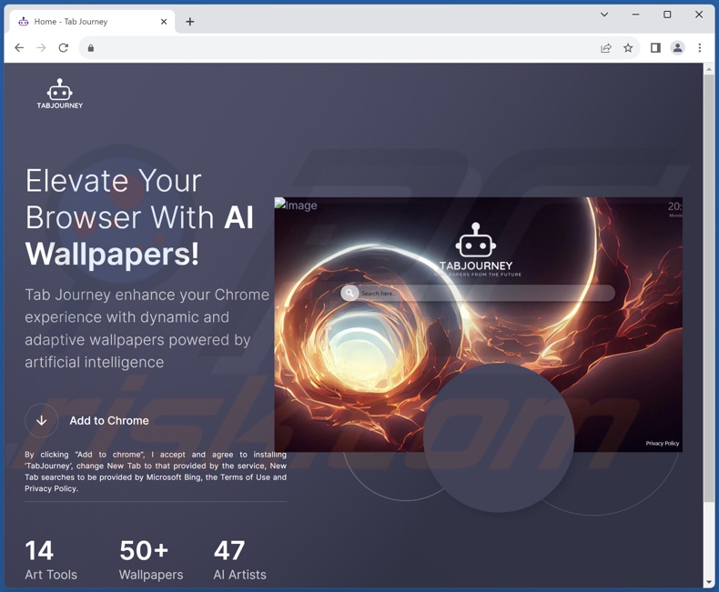 Website used to promote TabJourney browser hijacker (sample 1)