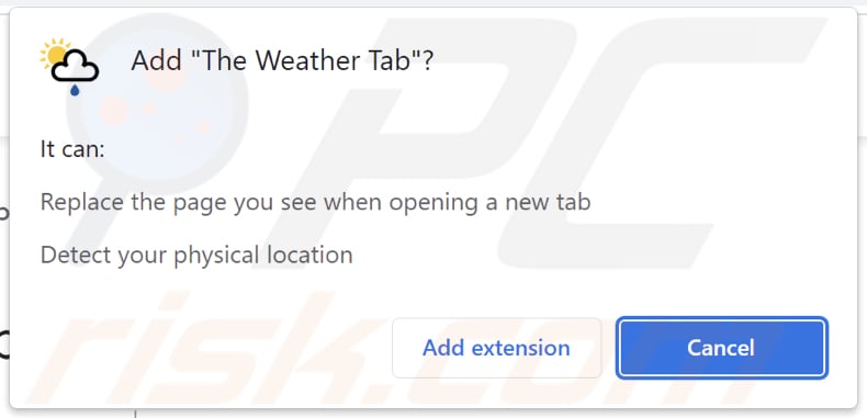 The Weather Tab browser hijacker asking for permissions