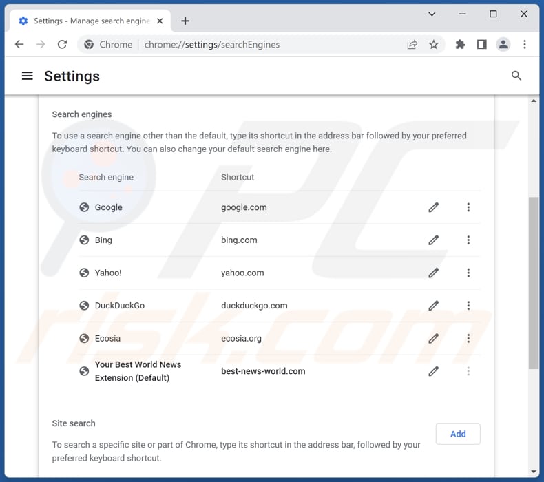 Removing search.best-news-world.com from Google Chrome default search engine