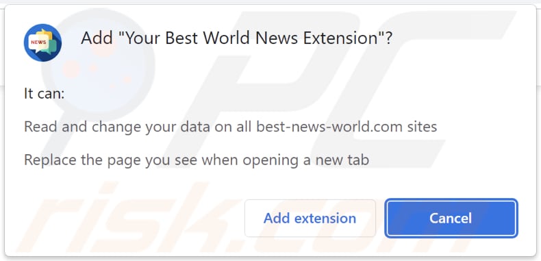 Your Best World News Extension browser hijacker asking for permissions