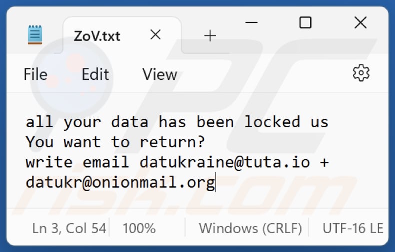 ZOV ransomware text file (ZoV.txt)