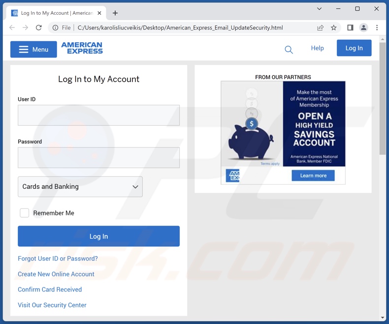 American Express - Update Your Account Information scam email promoted phishing file (American_Express_Email_UpdateSecurity.html)