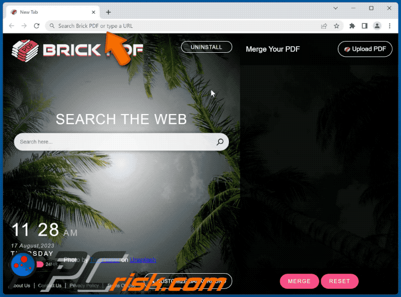 Brick PDF browser hijacker redirecting to Bing (GIF)
