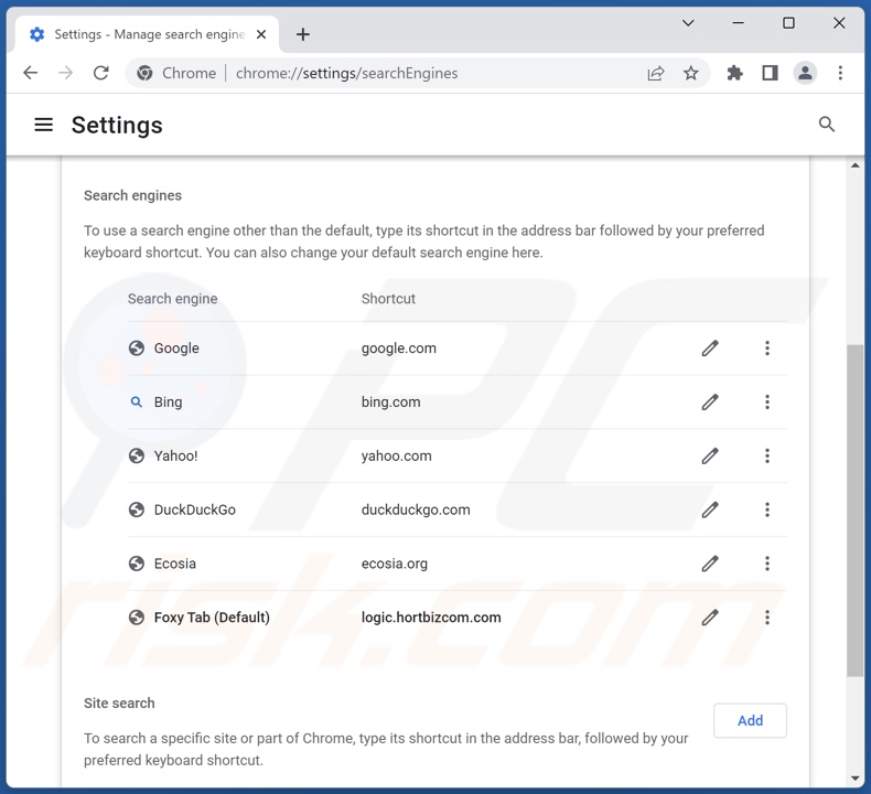 Removing logic.hortbizcom.com from Google Chrome default search engine